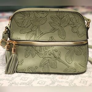 Elegant Green Floral Embossed Crossbody Bag